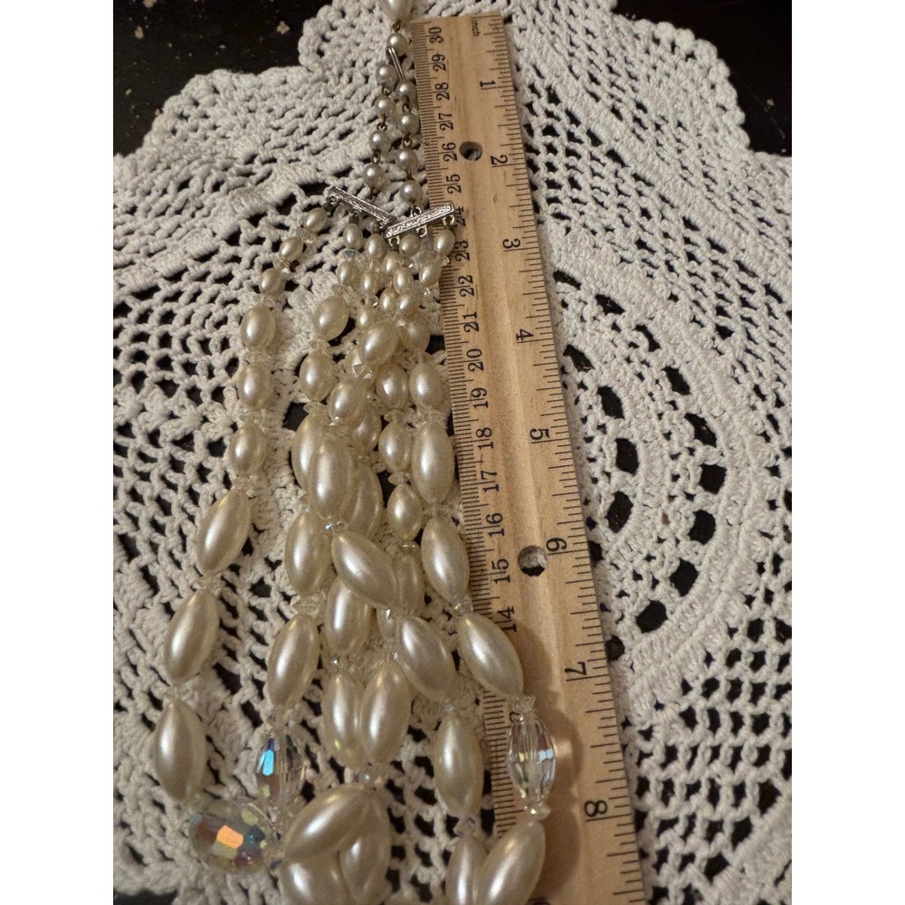 Triple Strand Faux Pearl Rice Bead Necklace AB Crystal Iridescent Cream vintage - Picture 16 of 16